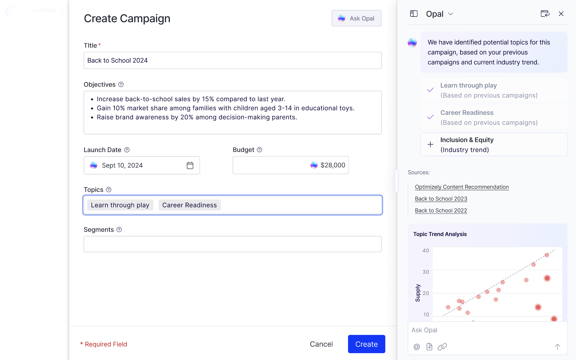 Optimizely Opal used when creating a campaign