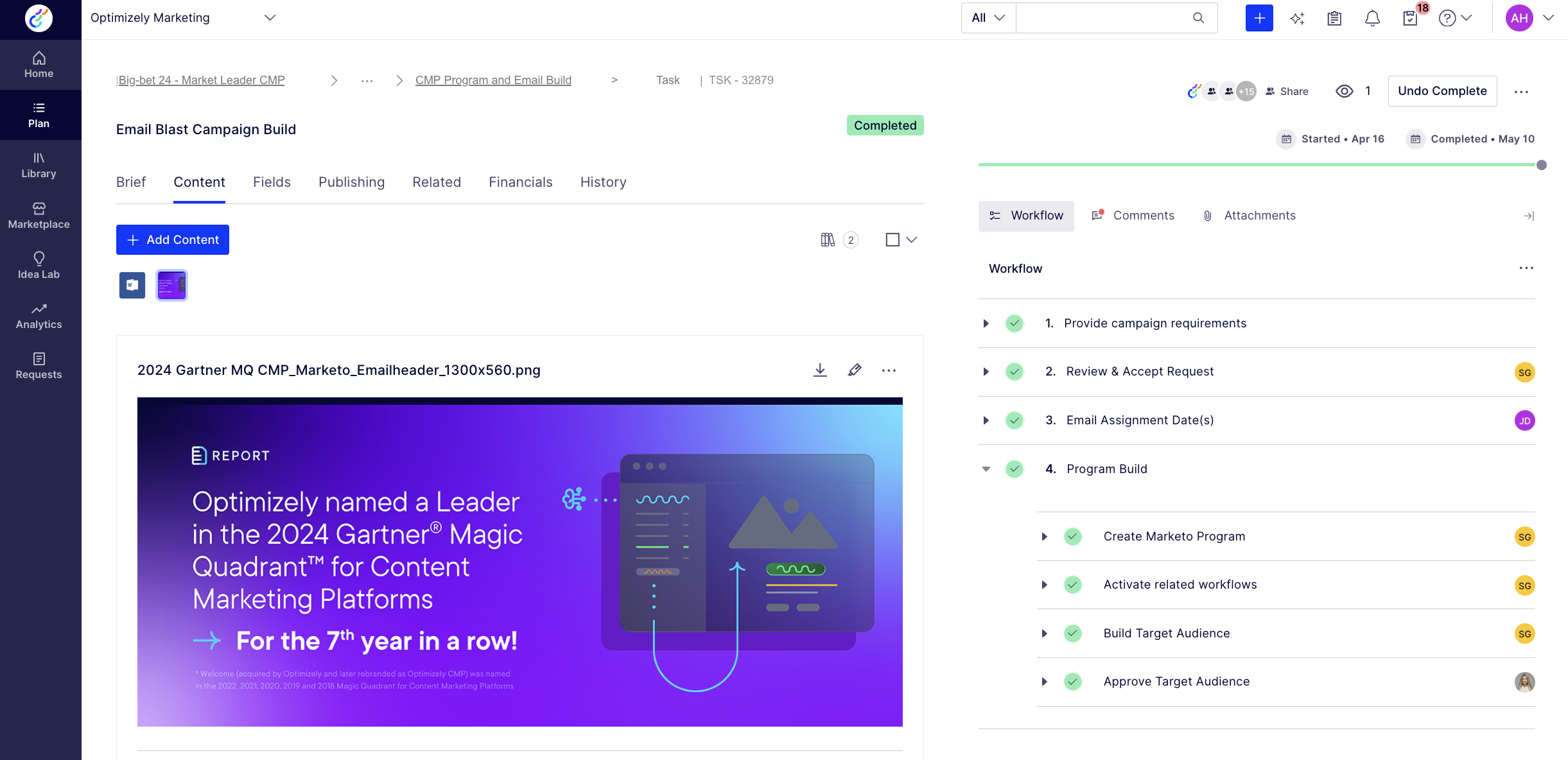 Screenshot from Optimizely Content Marketing Platform, showing a content item in a Campaign and the workflow showing steps assigned to different team members.